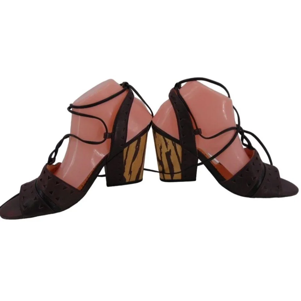 Anthropologie Faryl Robin Caley Lace Up Ankle Tie Heels 9.5 Chunky Heel Laser - Picture 7 of 13